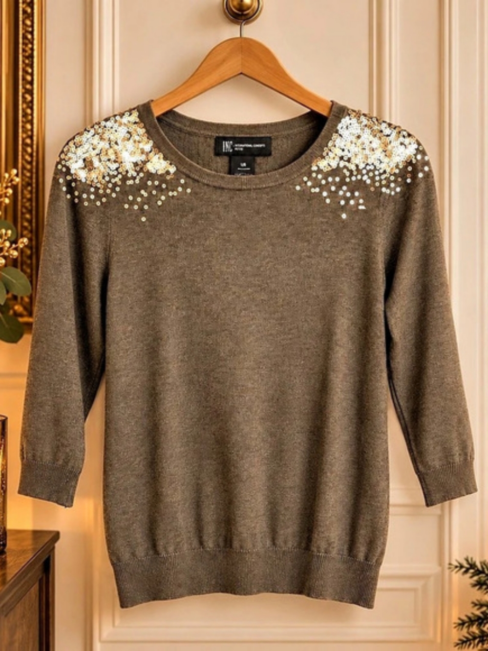 INC International Concepts Petite L Gold Sequin Shoulder Taupe Sweater